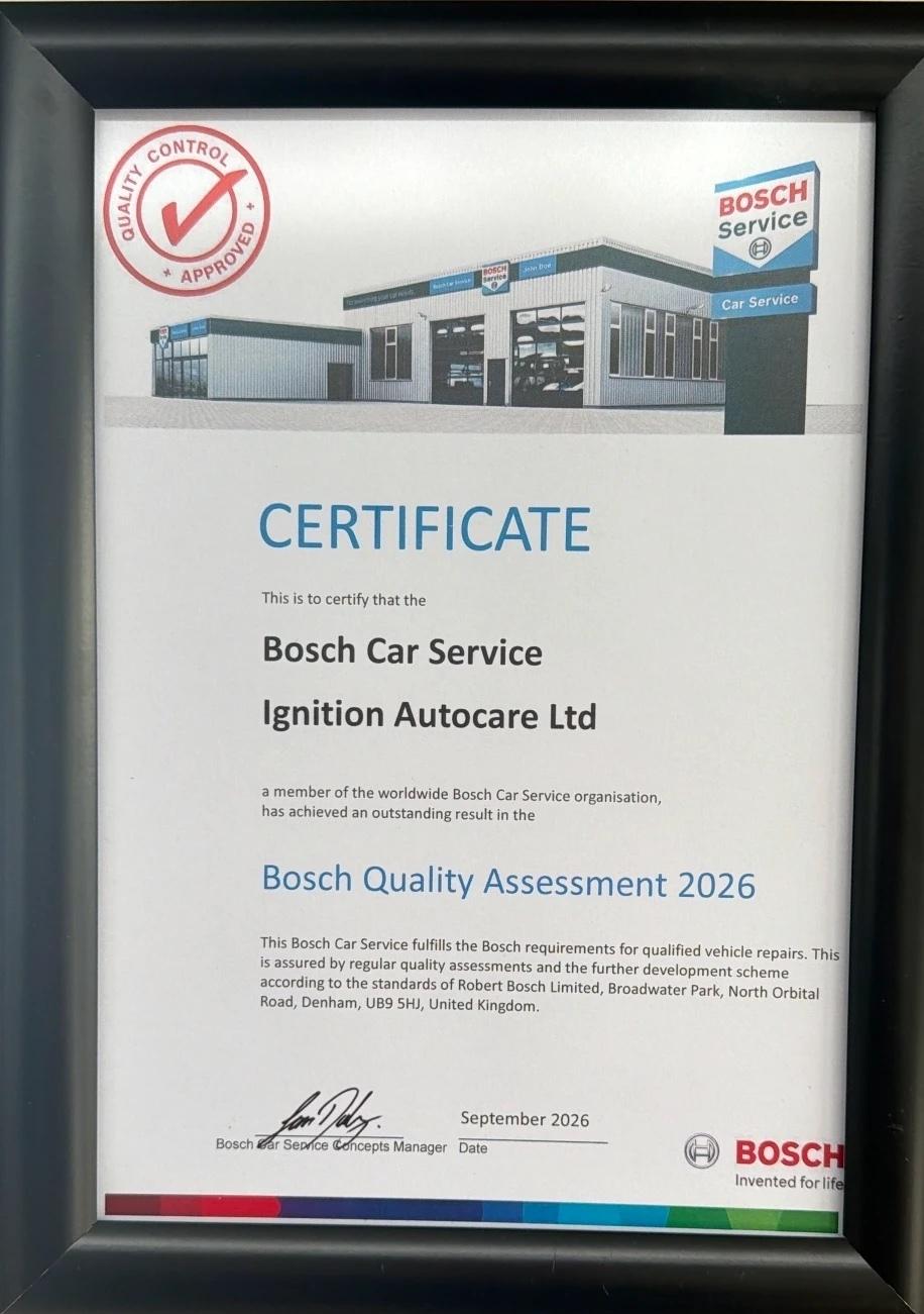 Bosch Car Service certificate awarded to Ignition Autocare Ltd for an outstanding result in the Bosch Quality Assessment 2026