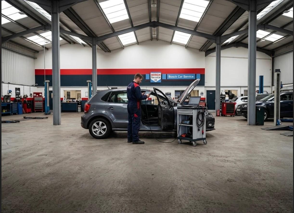 Technician running a diagnostic check on a car