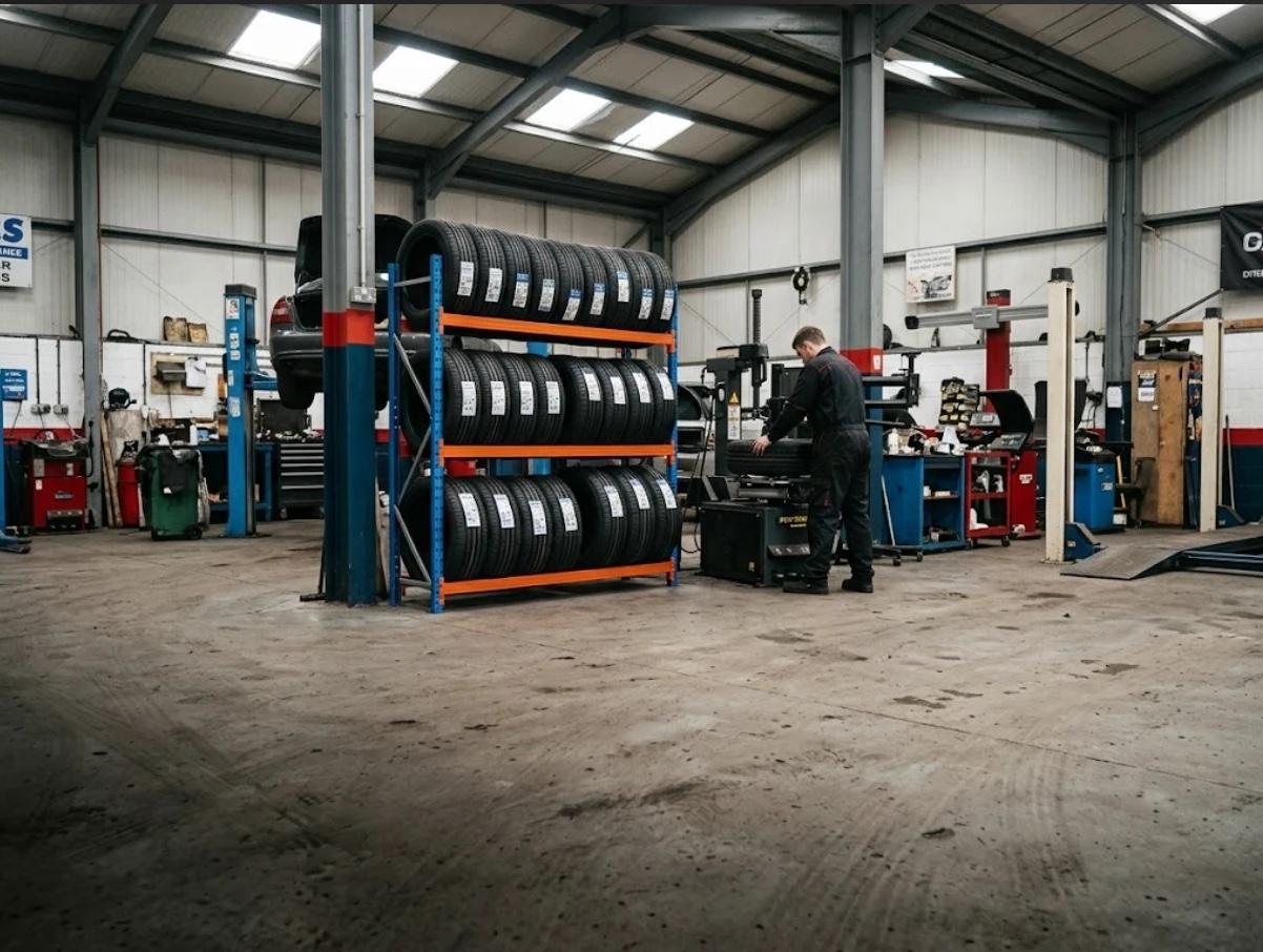 Tyre rack and tyre fitting machine in the workshop